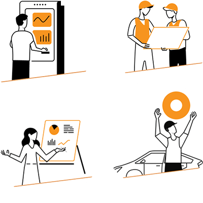 Collage von vier Illustrationen, die die vier Geschäftsbereiche Engineering, IT, Business sowie Industry & Manufacturing der jobilities darstellen.