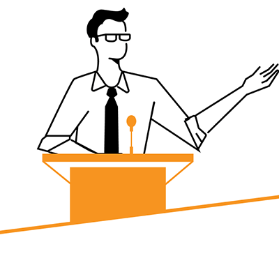Illustration einer Person, die an einem Pult steht und einen Vortrag hält.
