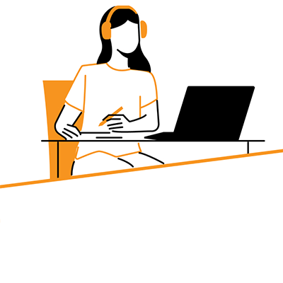 Illustration einer Person mit Kopfhörern vor einem Laptop.