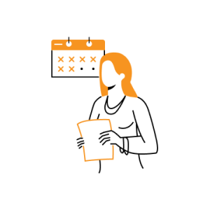 Illustration einer Person, die vor einem Kalender steht und ein Dokument in den Händen hält